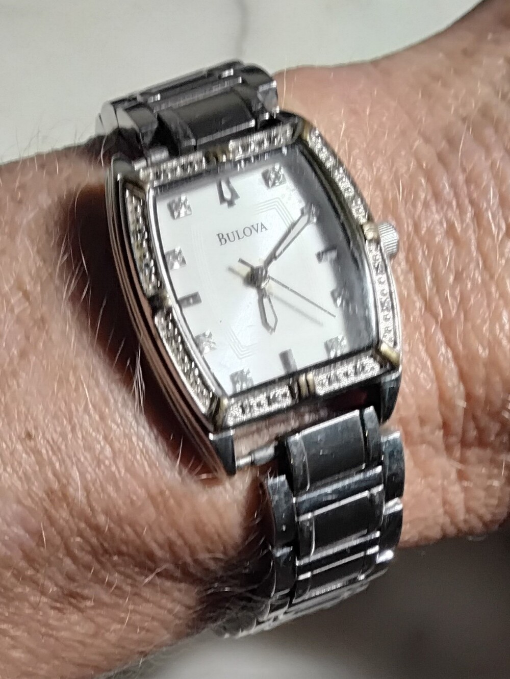 Bulova Silver Tonneau Women's Watch with White Dial and Crystal Accents